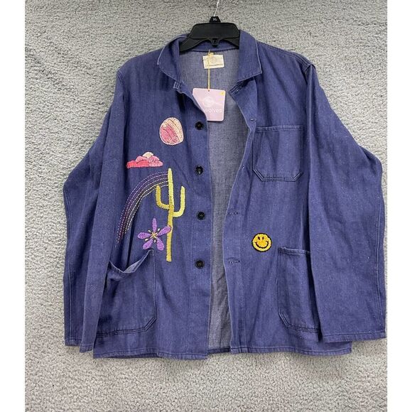 All The Wolves Desert Trip Jacket One Size Embroidered Slouchy Blue Jacket - Picture 2 of 9
